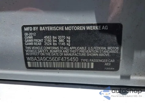 2013 BMW 335I from USA, damaged, VIN WBA3A9C56DF475450
